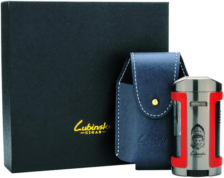 LUBINSKI Cigar Lighter + Leather Case Windproof Butane Quadruple Torch Jet Blue Flame Cigarette Lighter for Cigar Cooking BBQ Topsense